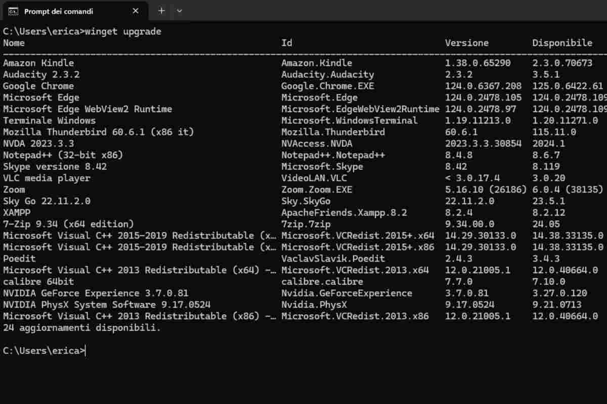 L'istruzione winget upgrade su prompt dei comandi