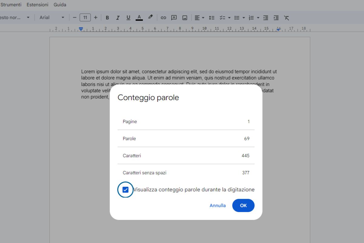 Finestra conteggio parole su Google Docs