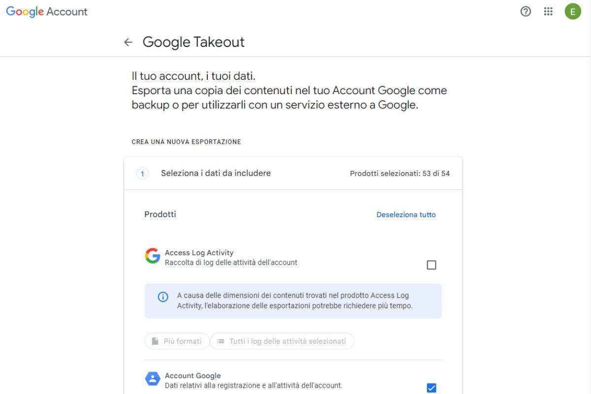 La schermata principale di Google Takeout