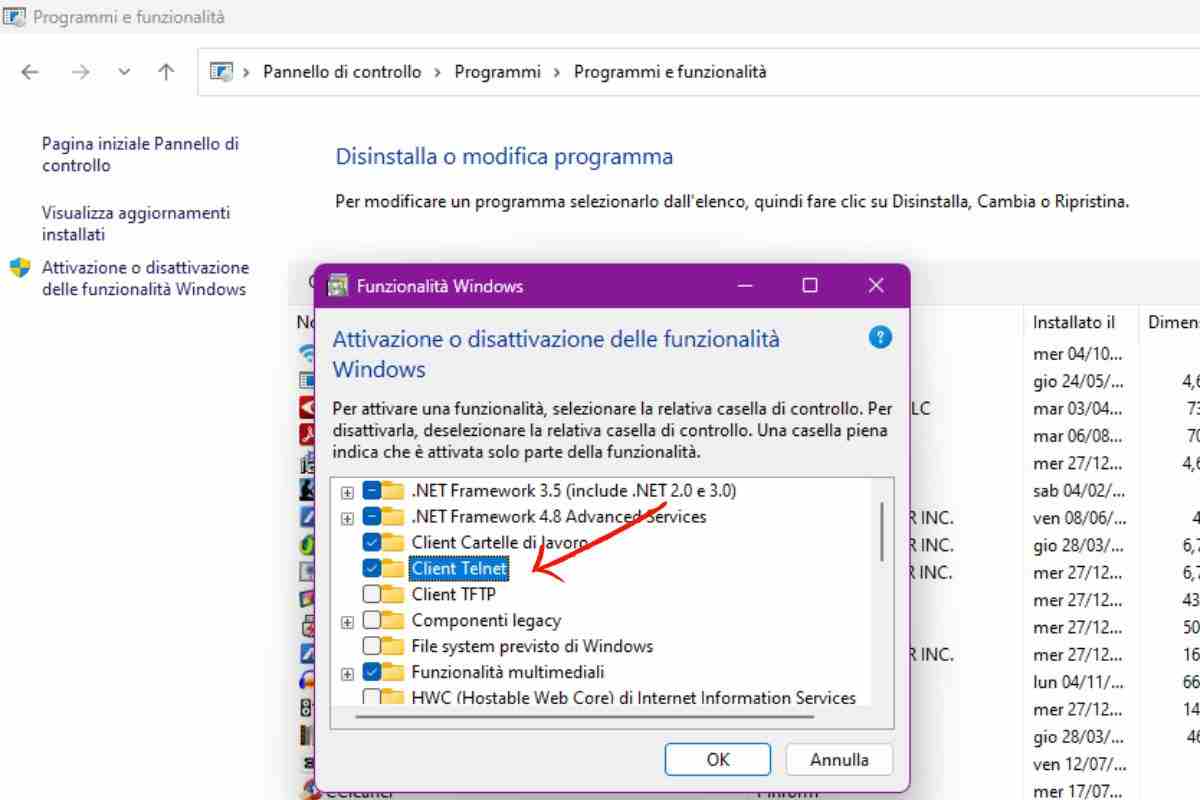 Attiva Telnet dal pannello di controllo del PC