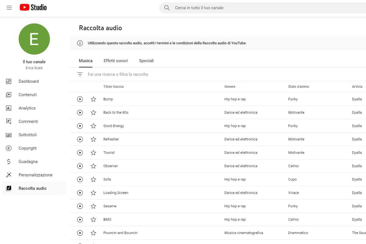 Trovare i brani nella raccolta audio YouTube è facile grazie ai filtri